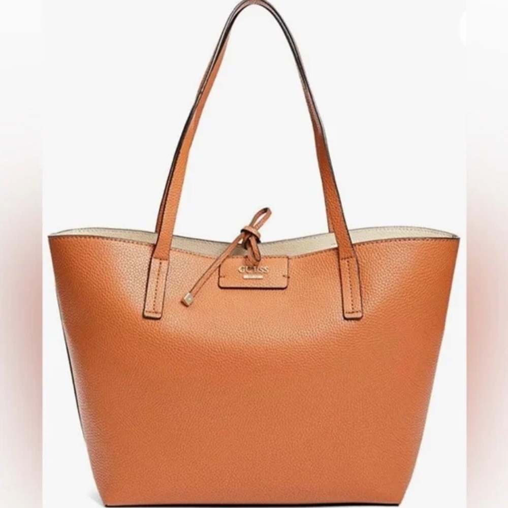 GUESS BOBBI TOTE BAG cognac pebbled faux Leather Bag with tie closure 19” x 11”